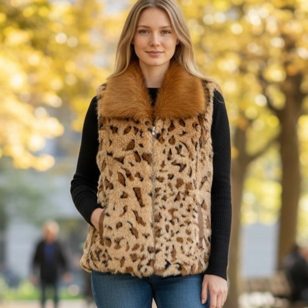Bacci Faux Fur Vest Womens XL Leopard Animal Print Tan Brown Zip Glam Streetwear